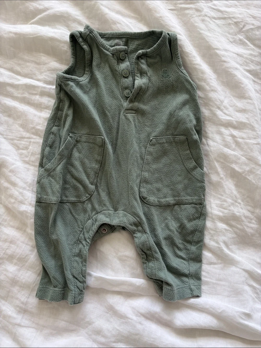 GAP Sage Green Sleeveless Baby Romper with Front Pockets